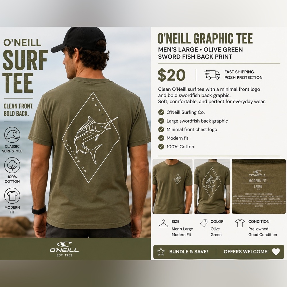 O’Neill Men’s Large Olive Green Marlin Graphic T-Shirt Surf Tee